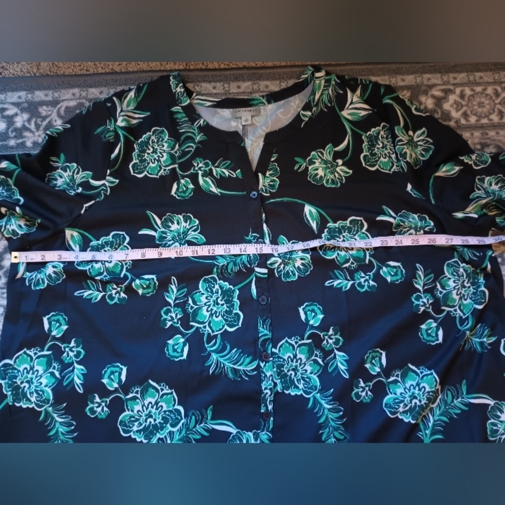 Catherines 3X Button Front Blouse Top Kelly Green Floral Satin Peasant - Picture 12 of 13